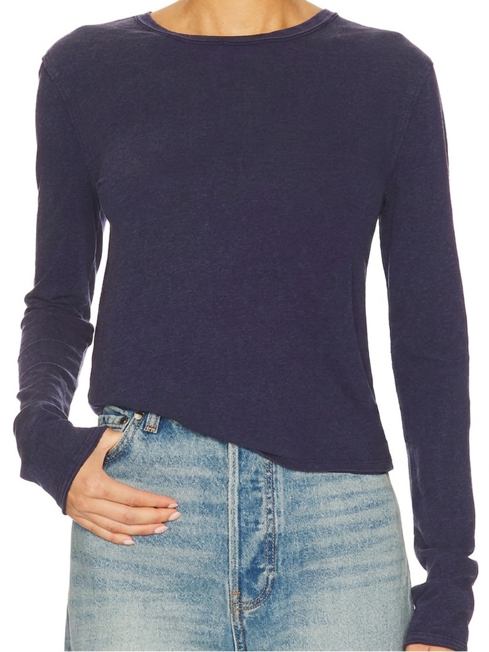 EUC We The Free Nova Tee Long Sleeve Peacoat Blue Women's Medium Soft Knit Thin